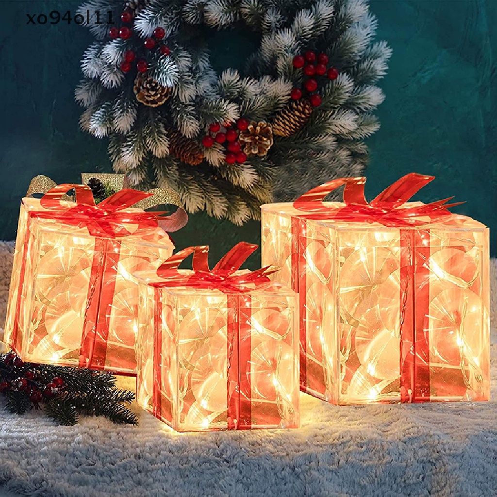 Xo Hiasan Kotak Hadiah Dekorasi Glowing Natal Dengan Busur Christmas Lighg Box OL