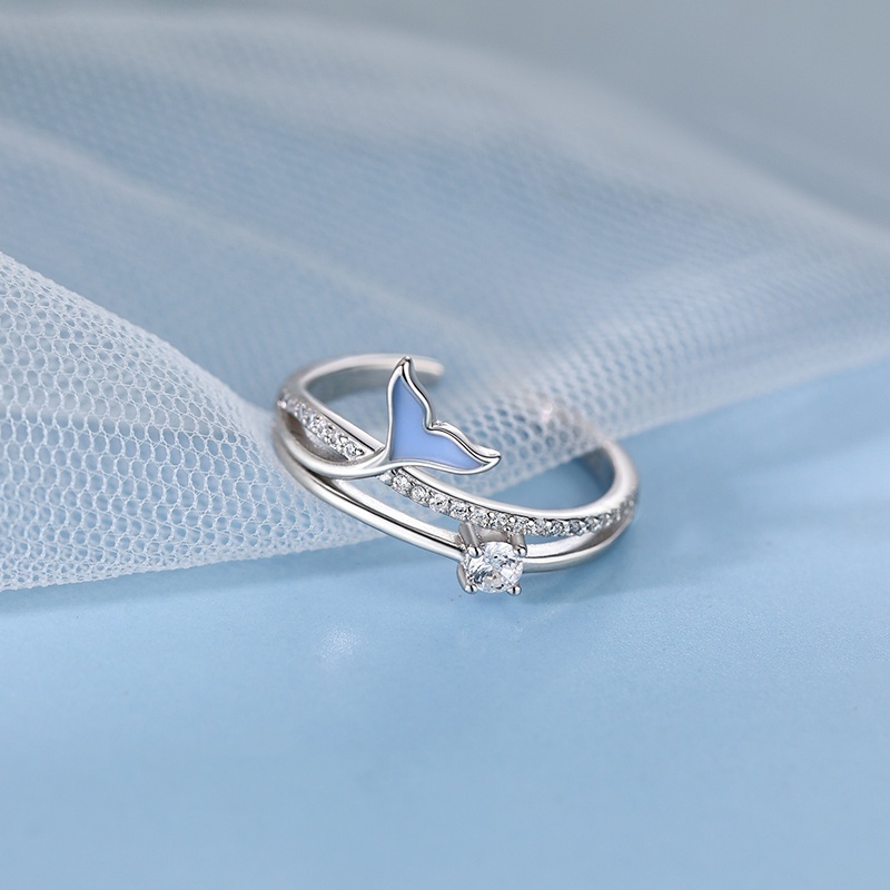 Papaozhu Bergaya Berkilau Kristal Biru Fishtail Terbuka Cincin Untuk Wanita Gadis Chic Bersinar Zirkon Buku Jari Cincin Kepribadian Perhiasan