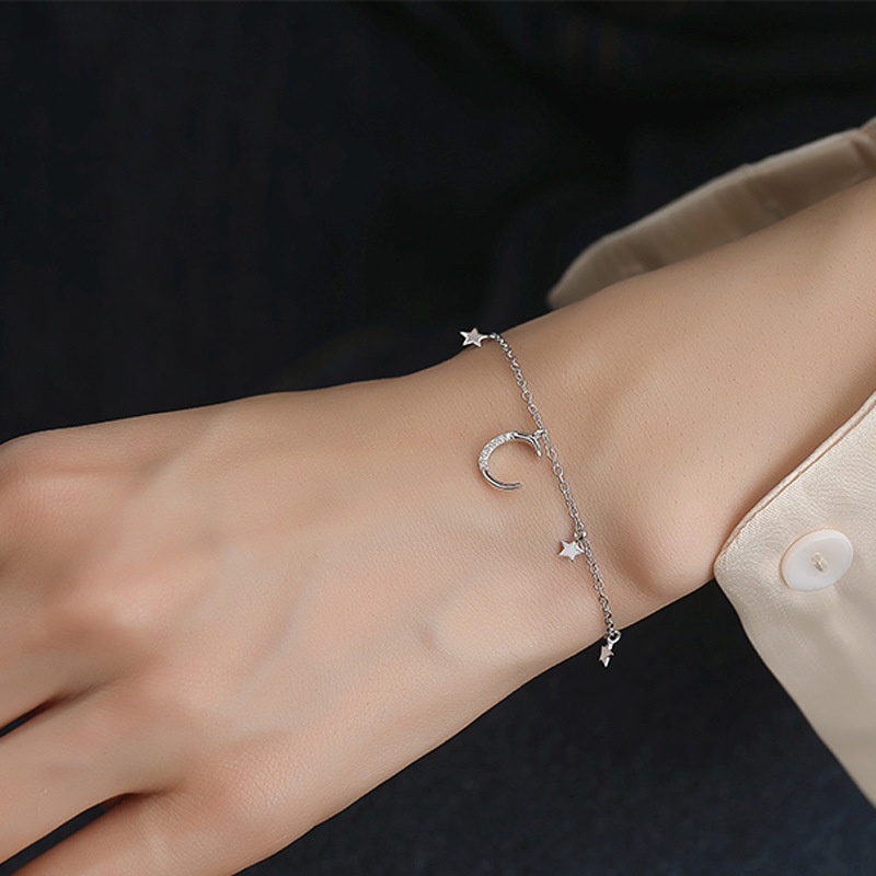 Kami Bunga Ins Trendi s925 Perak Zirkon Bintang Bulan Gelang Untuk Wanita Perempuan Korea Elegan Rumbai Langit Berbintang Gelang Musim Panas Pergelangan Tangan Rantai Perhiasan