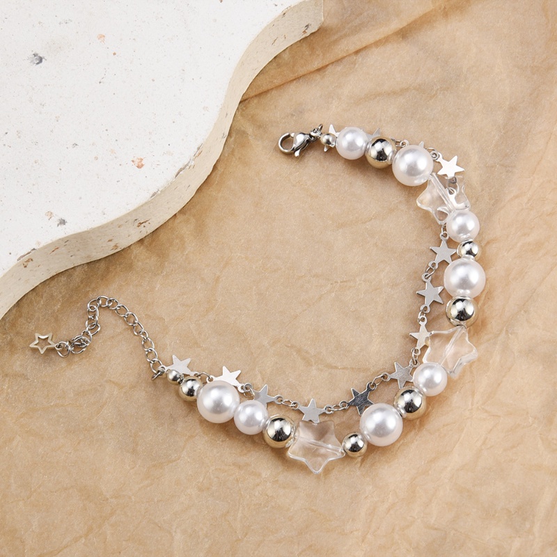 Baru Vintage Kristal Pentagram Bintang Mutiara Imitasi Manik-Manik Liontin Gelang Wanita Harajuku Manis Estetik Double Strand Pesona Gelang Perhiasan