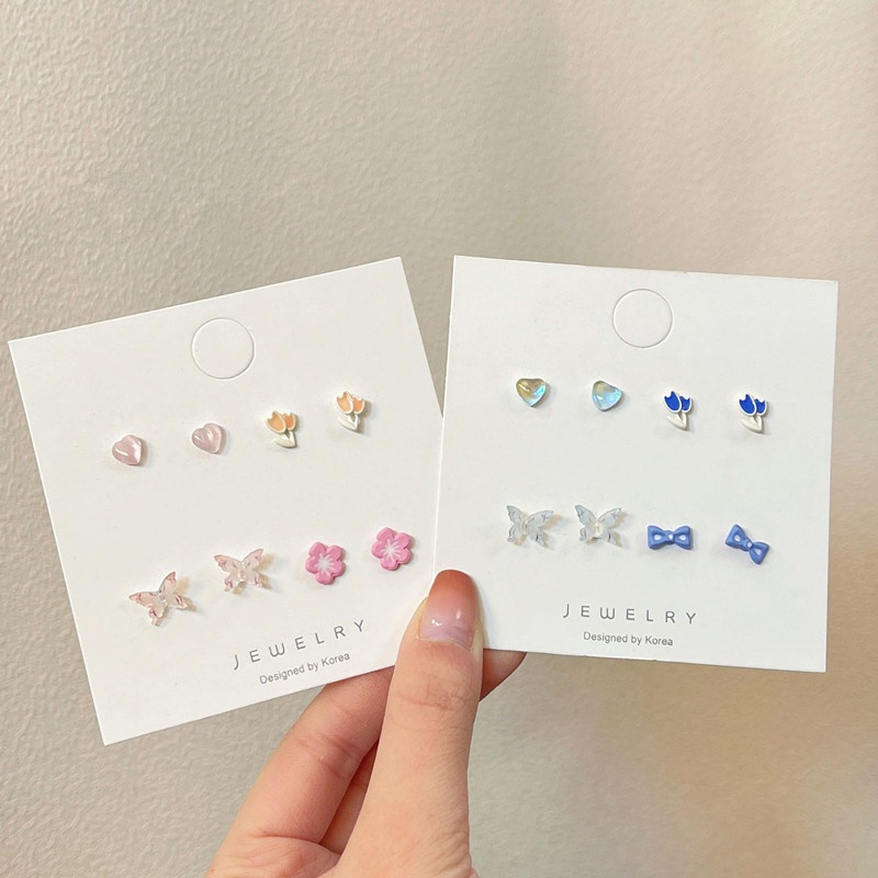 Roselife 8 Pcs Indah S925 Perak Biru Pink Kupu-Kupu Sakura Stud Earring Set Untuk Wanita Perempuan Musim Panas Trendi Lucu Cherry Blossom Tulip Anting Alergi Gratis Telinga Perhiasan Aksesoris