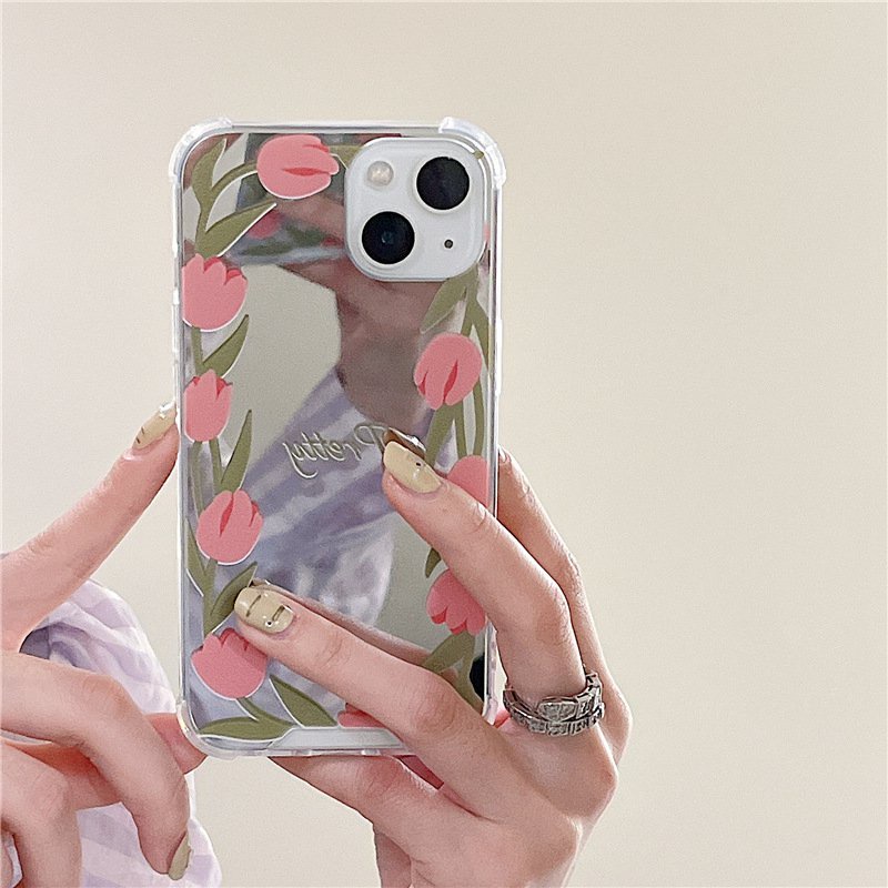 【Anti Fall Mirror】Pretty Silver Makeup Silicone Soft Case Iphone 6S 7 8 Plus X XR XS Max IPhone 11 12 13 14 Pro Max 14 Plus 7+ 8+ 12 13 mini for Women Girl Ins Pink Tulip Flower