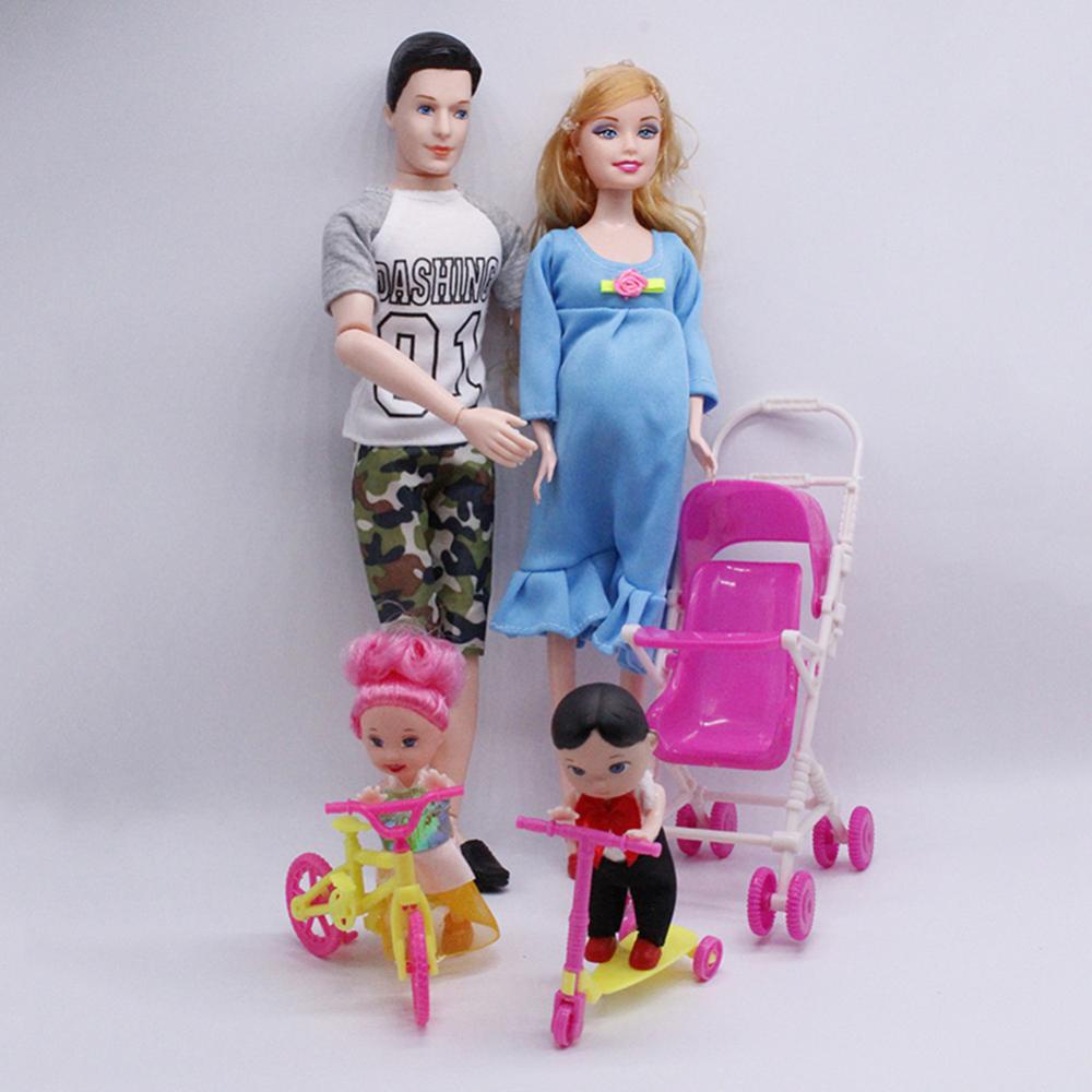 Timekey 5pcs Happy Family Kit Mainan Boneka Hamil Babyborn Ken &amp; Wife Dengan Kereta Dorong Mini Kereta Baby Doll Mainan Anak Untuk Perempuan E9M9