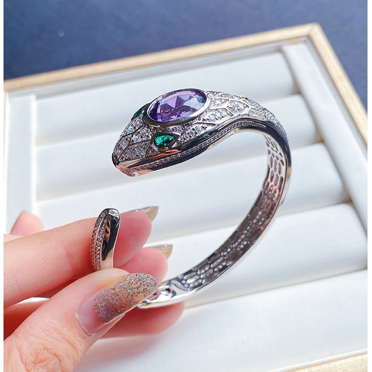 Goldkingdom Aksesoris Perhiasan Fashion Ready Stock Gelang Ular Berlian Ungu Liontin Ular Cincin Anting Amethyst Snake Set