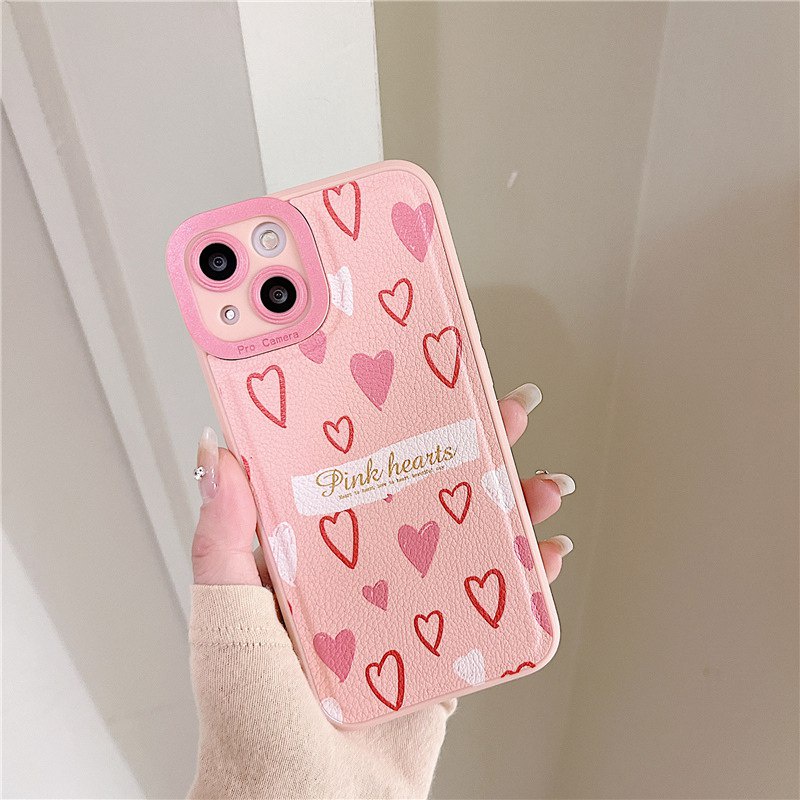 Leather Pink Love Soft Silicon Case HP iP iPhone 7 8 14 + Plus SE 2020 X XS XR Max 11 12 13 Pro Max FTD Casing Apple