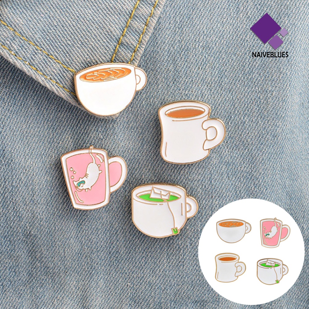 &lt; Naiveblues &gt; 4Pcs Cangkir Teh Kopi Enamel Bros Pin Lencana Jeans Kerah Set