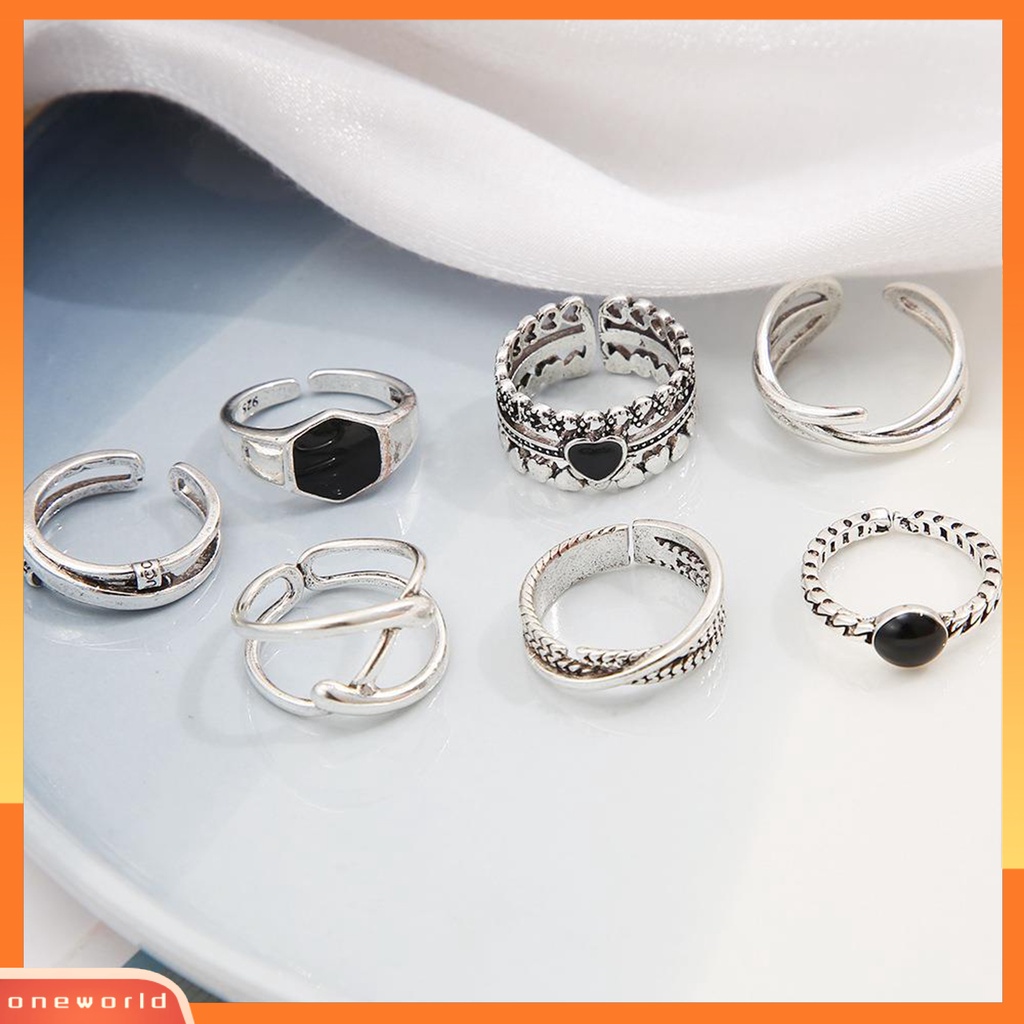 [EONE] 7pcs/set Wanita Cincin Punk Geometris Berlian Imitasi Hias Electroplating Terang Kilau Dekorasi Hadiah Wanita Cross Heart Knuckle Rings Trendy Perhiasan Untuk Pacaran