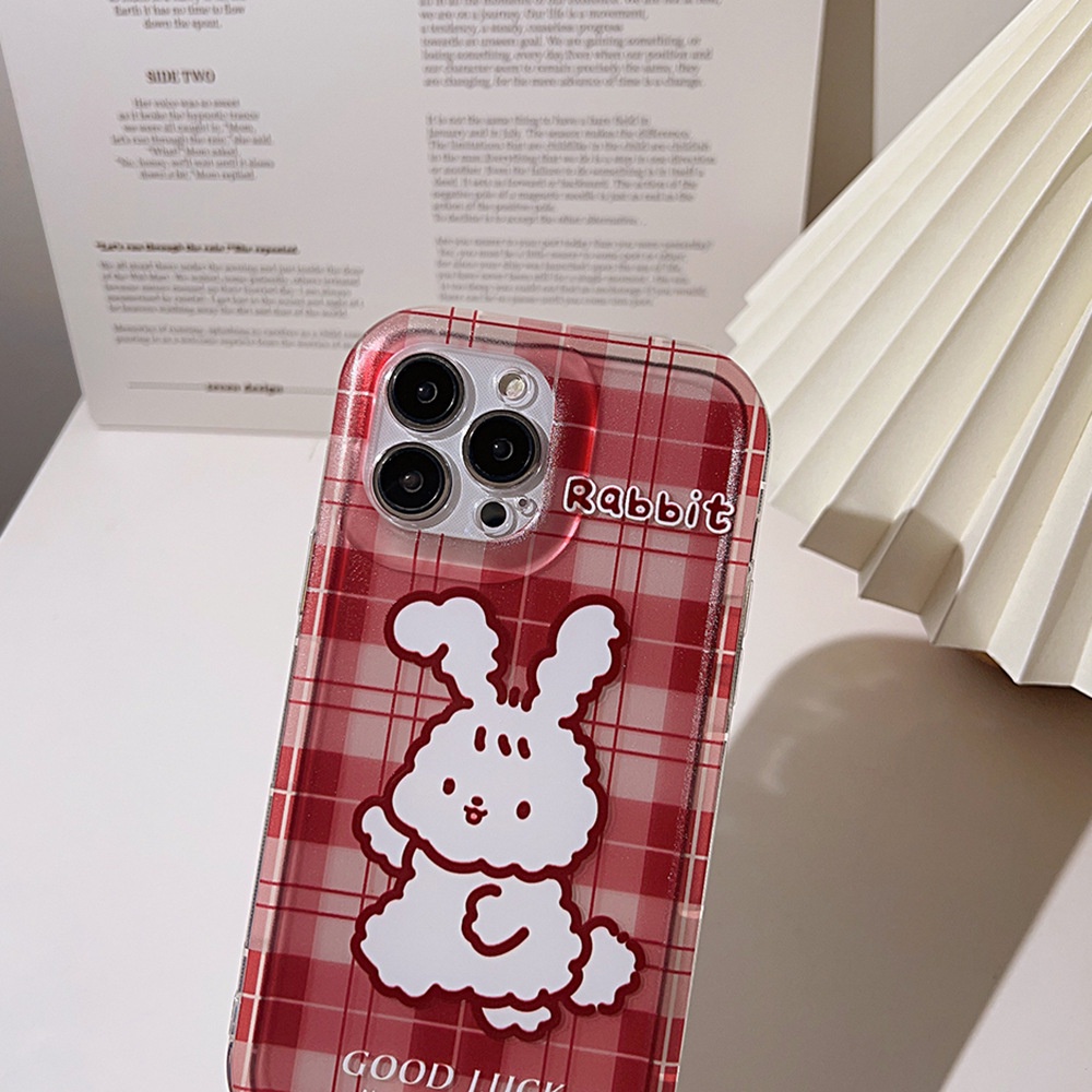 IPHONE Cover Casing Ponsel Transparan Motif Kotak-Kotak Kartun Kelinci Vintage Merah Untuk Iphone11 12 13 14 PLUS PRO MAX
