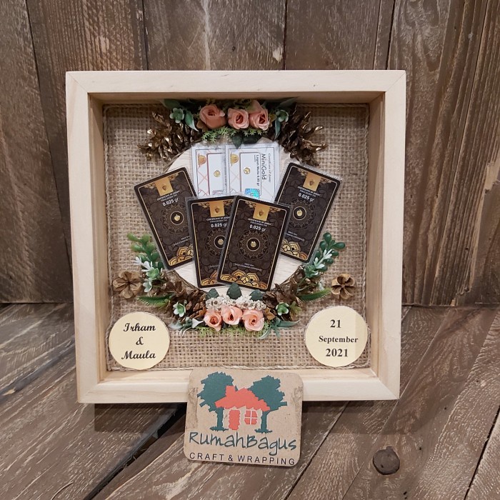 Bingkai 3D mahar uang kertas sudah di decor siap pakai - natural biru