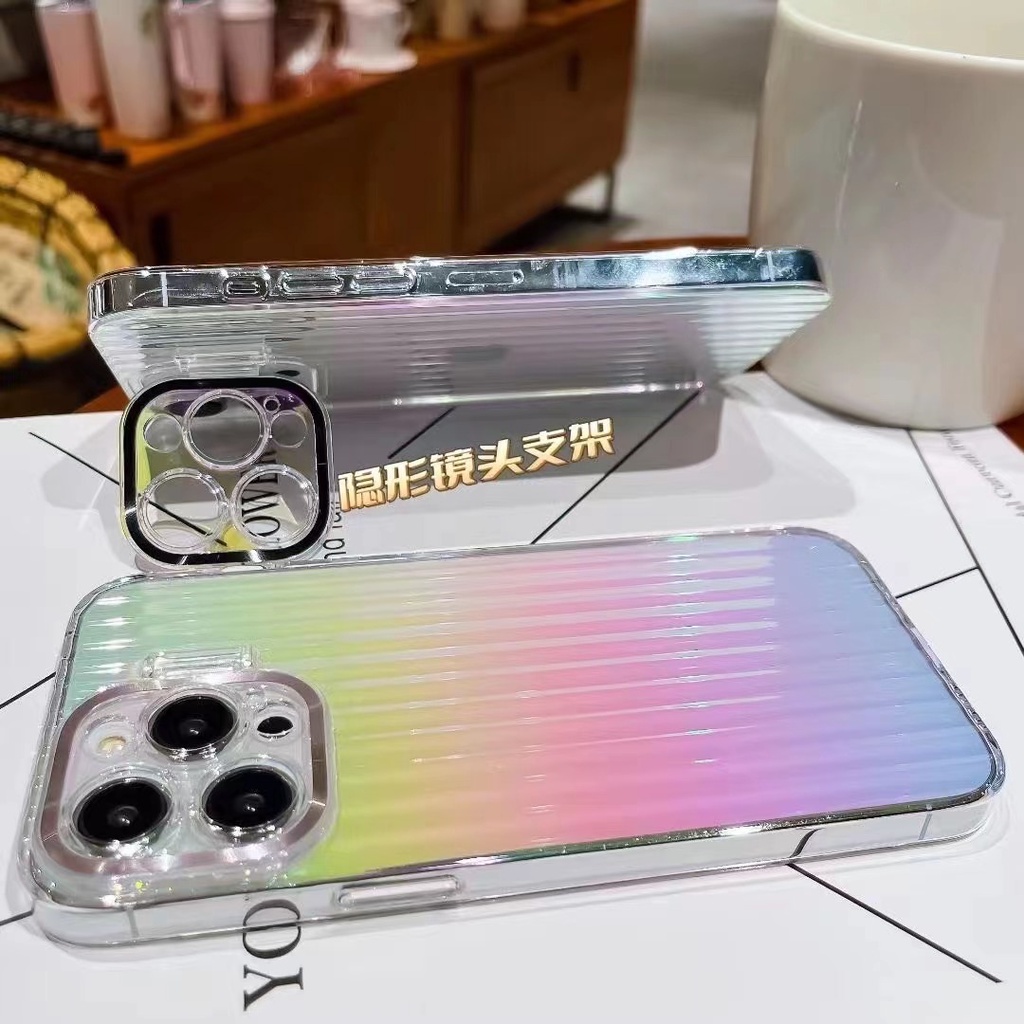 Casing Lensa Pelindung Kamera Mewah iPhone 14 Pro Max Dengan stand case Iphone12 13 Pro Max14 Plus laser Transparan Kreatif Perlindungan shock hard back cover