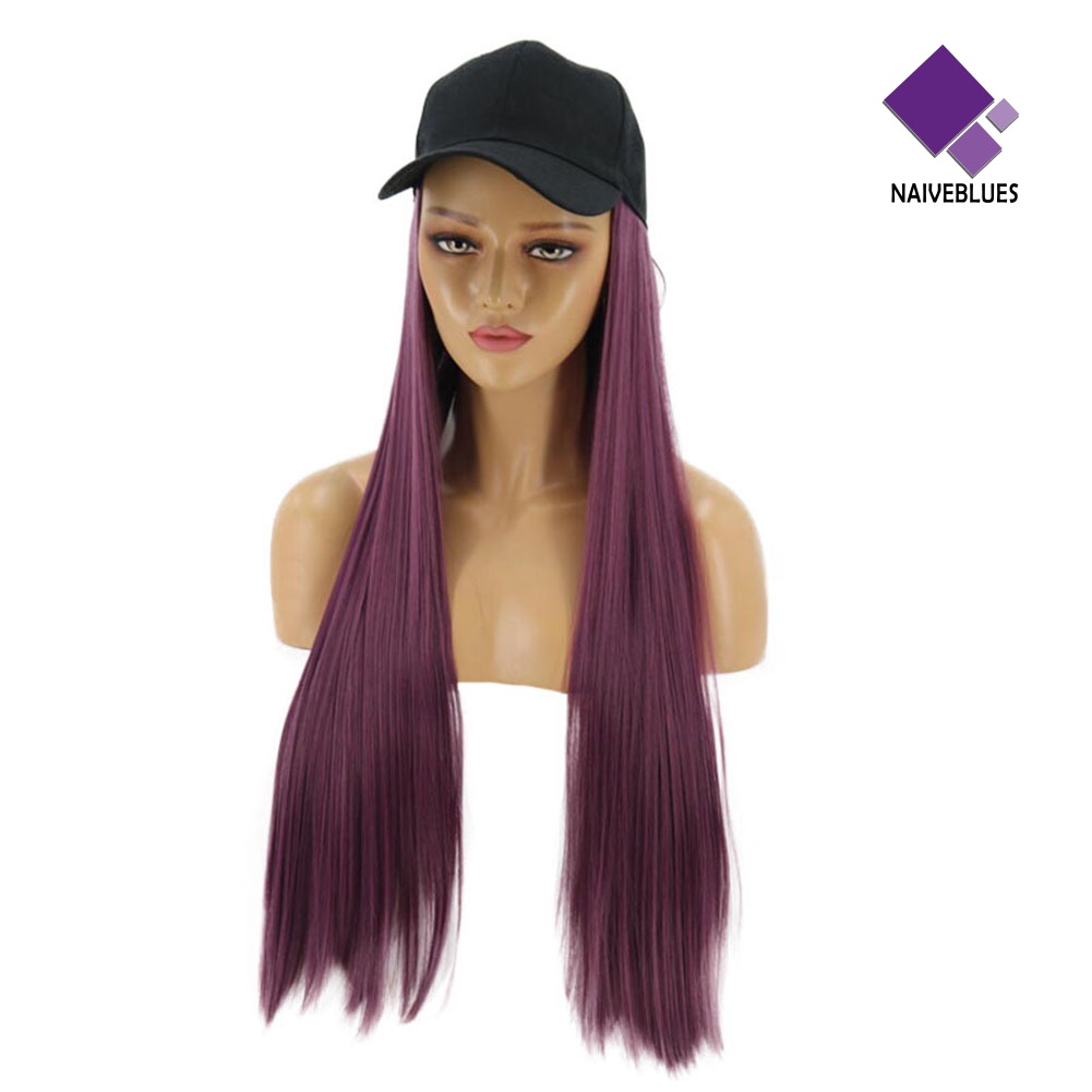 &lt; Naiveblues &gt; Rambut Sintetis Wanita 2in1 Lurus Panjang Dengan Topi Hairpiece Pesta