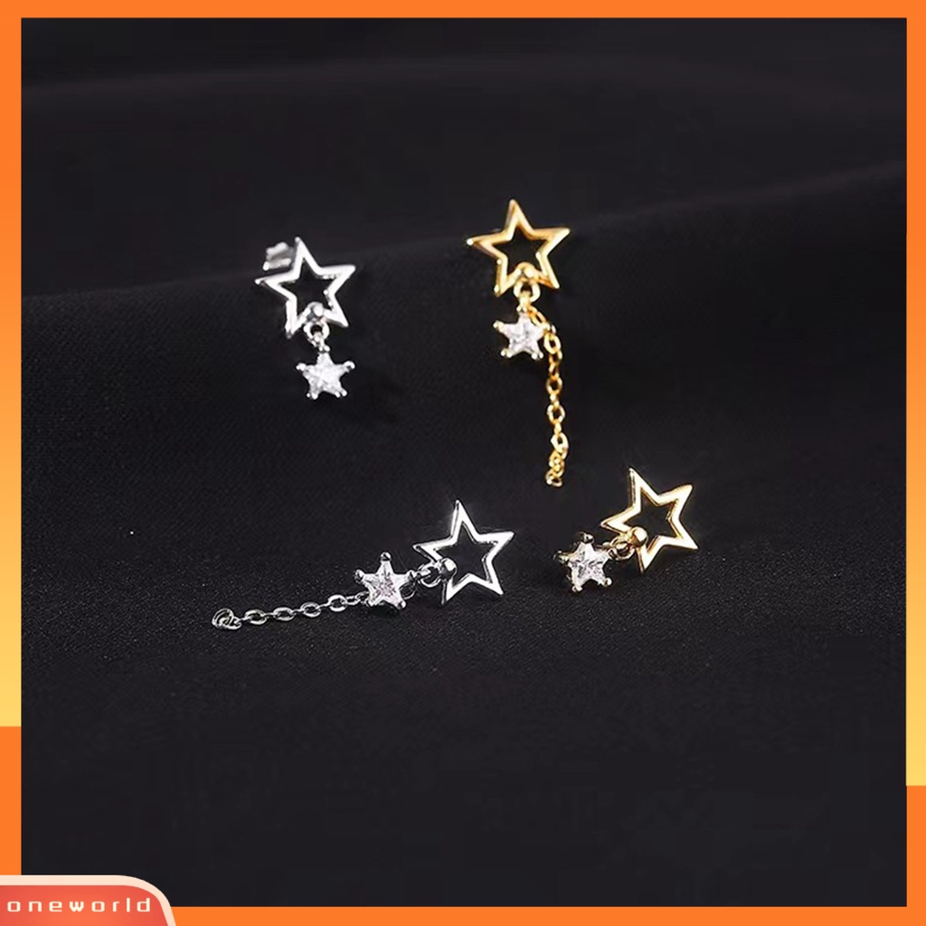 [EONE] 1pasang Ear Studs Hollow Bintang Rantai Rumbai Tidak Teratur Warna Emas/Perak Cubic Zirconia Tertanam Bintang Drop Anting-Anting Perhiasan Fashion