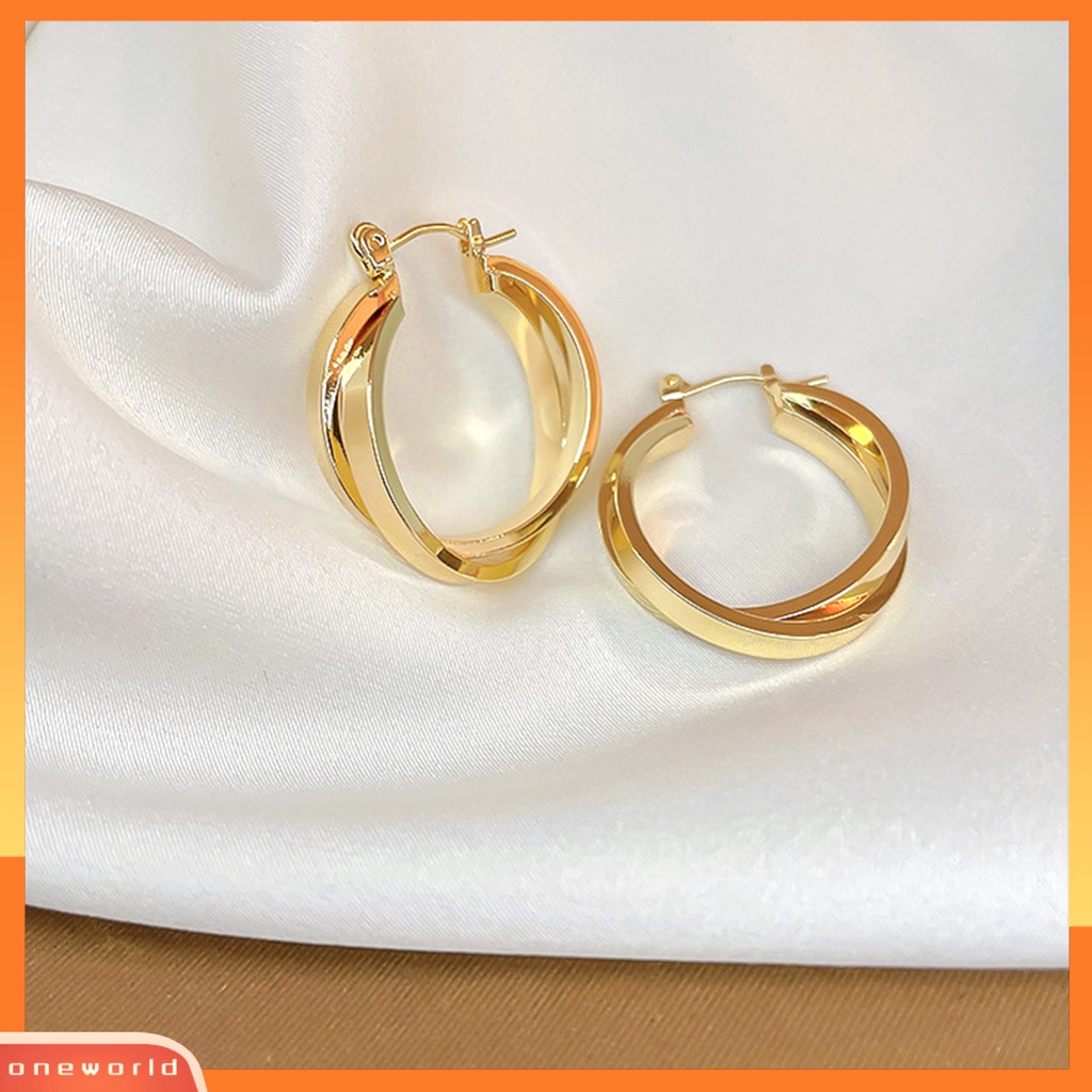 [EONE] 1pasang Anting Hoop Dual Cross Rings Geometris Temperamen Elegan Dipoles Hadiah Paduan Emas Logam Lingkaran Anting Perhiasan Fashion