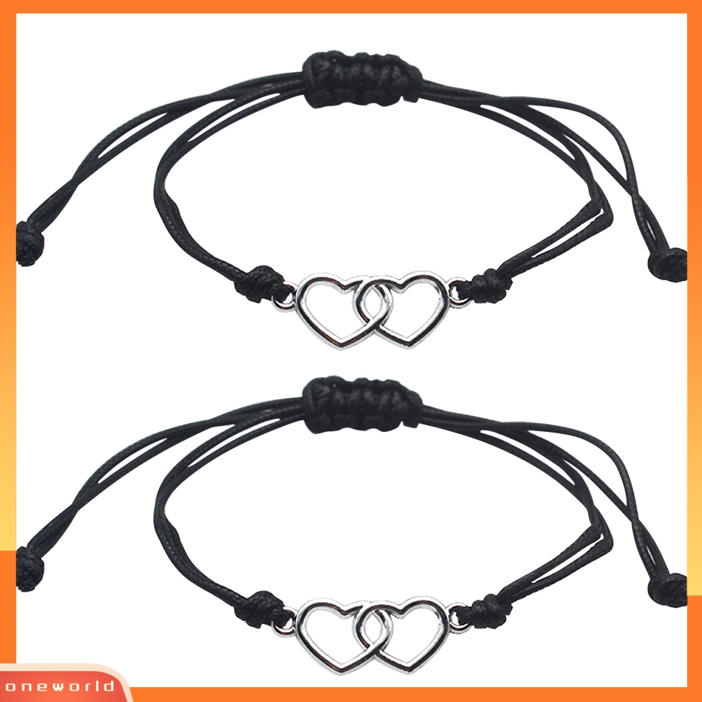 [EONE] 2pcs/set Gelang Couple Nice-looking Permukaan Halus Tidak Dapat Pecah Dual Heart Handmade Bracelet Untuk Pakaian Sehari-Hari