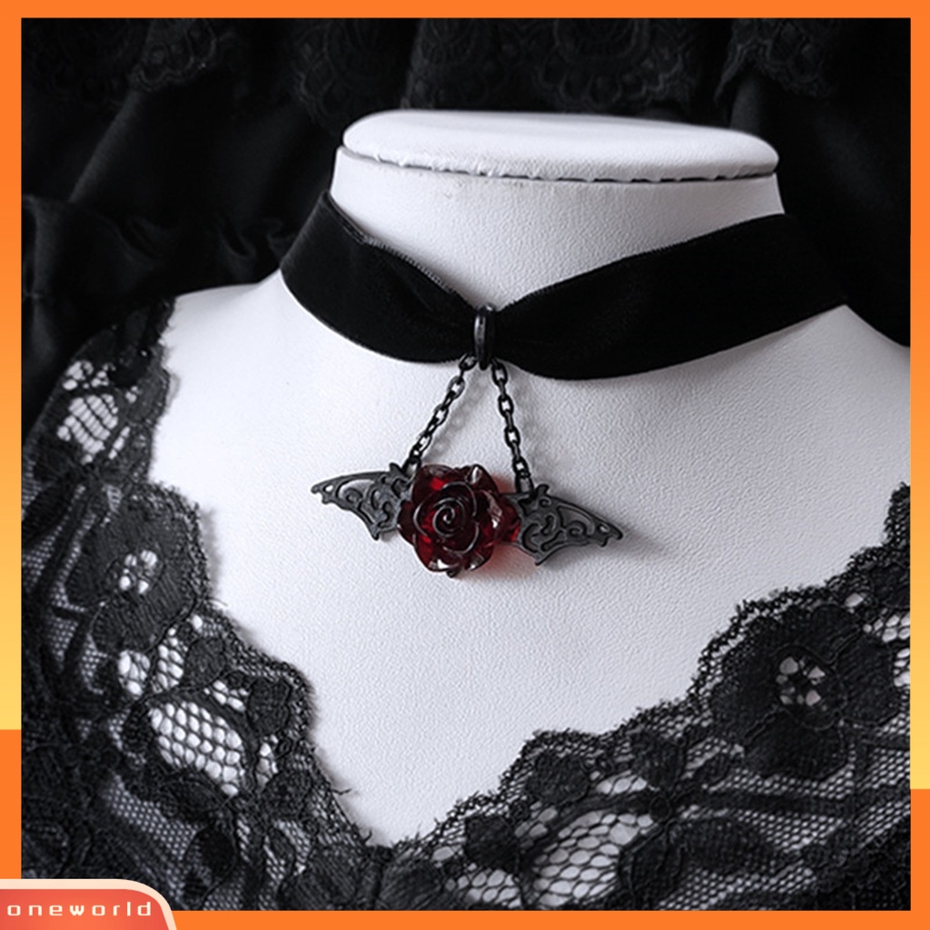 [EONE] Wanita Choker Beludru Hitam Gothic Liar Punk Hadiah Aksesori Perhiasan Mawar Merah Kelelawar Sayap Liontin Gadis Kerah Kalung Pakaian Sehari-Hari