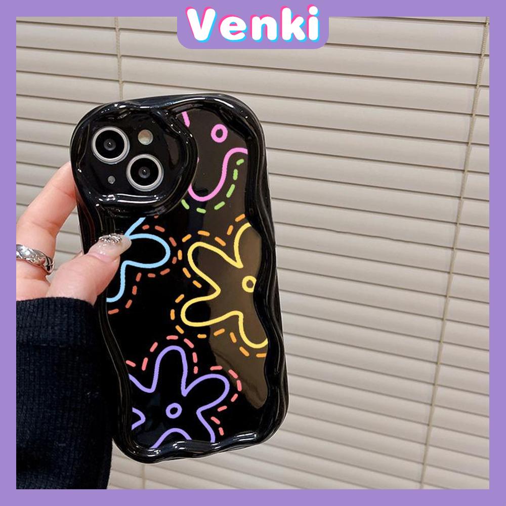 VENKI - For iPhone 11 iPhone Case 3D Curved Edge Wave Glossy Black TPU Airbag Shockproof Camera Cover colored flower Compatible with iPhone 14 13 Pro max 12 Pro Max xr xs max 7Plus