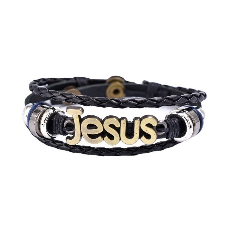 [Z H Perhiasan] Vintage God Bless Beaded Leather Gelang Pria Dan Wanita Fashion Stainless Steel Yesus Multilayer Gelang Punk Pesta Rock Perhiasan Aksesoris