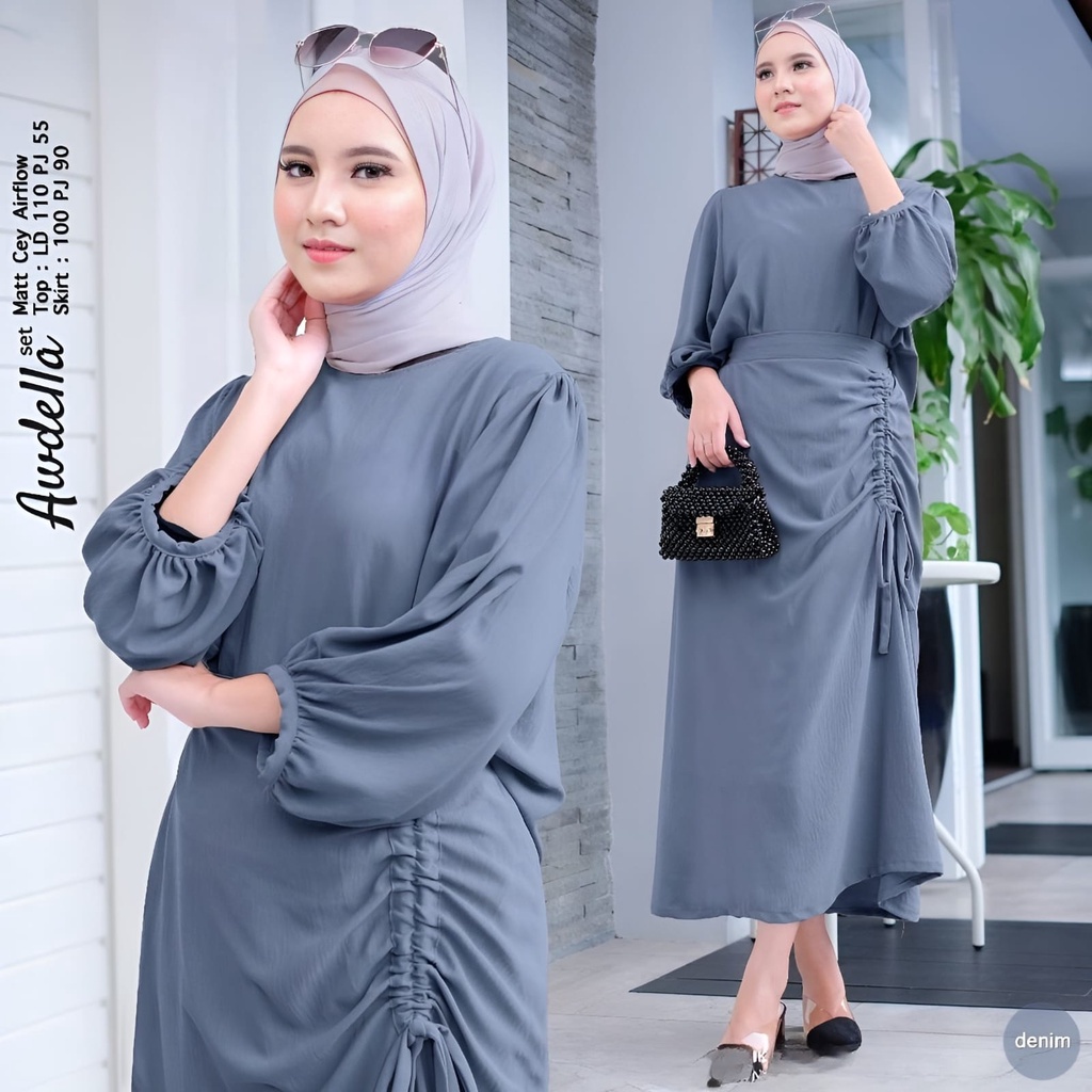 Awdella Set Setelan Wanita Muslim 2in1 Matt Cringkle Polos Basic Premium l Stelan One Rok Awdella