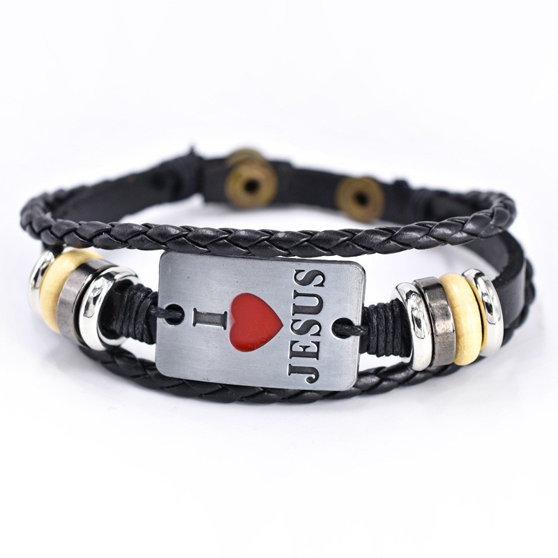 [X C Gelang] Pola Agama Baru Cinta Menjatuhkan Minyak Gelang Hitam Kulit Vintage Hip Hop Punk Gelang Lengan Manik-Manik Multilayer Zinc Alloy Anyaman Gelang