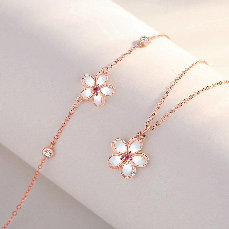 Cherry Blossom Kalung Niche Sterling Silver Musim Panas Mori Rose Gold Ibu-Mutiara Rantai Klavikula Gadis Manis Bunga Kalung