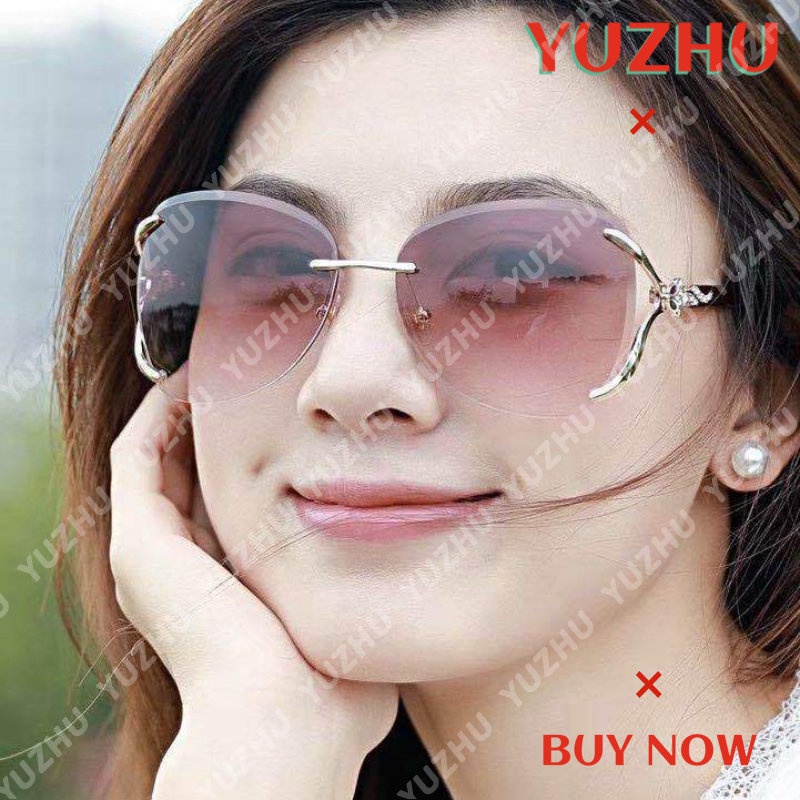 (YUZHU) Baru Bergaya Rubah Kepala Wanita Kacamata Hitam Logam Tanpa Bingkai Gradien Kerai Sunglasses