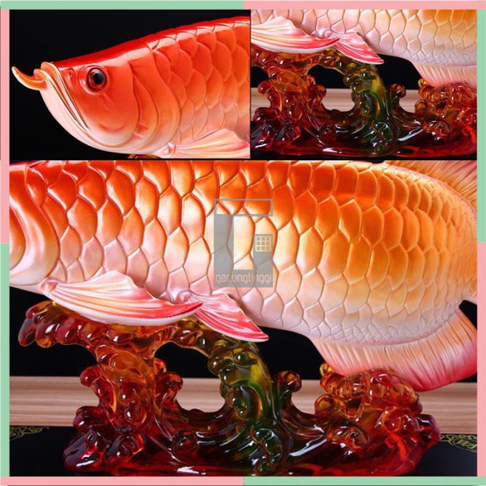 Patung Pajangan Hiasan Ikan Arwana Arowana Golden Silver Red Supered Gold Albino Kuning Hb Pino Blue Base Bluebase Mata Merah Jardini Jardin Crossback Brazil Banjar Hadiah Kado Fengshui Fengsui Feng Shui Rejeki Hoki Meja Kantor Batu Resin Baby Besar Jumbo