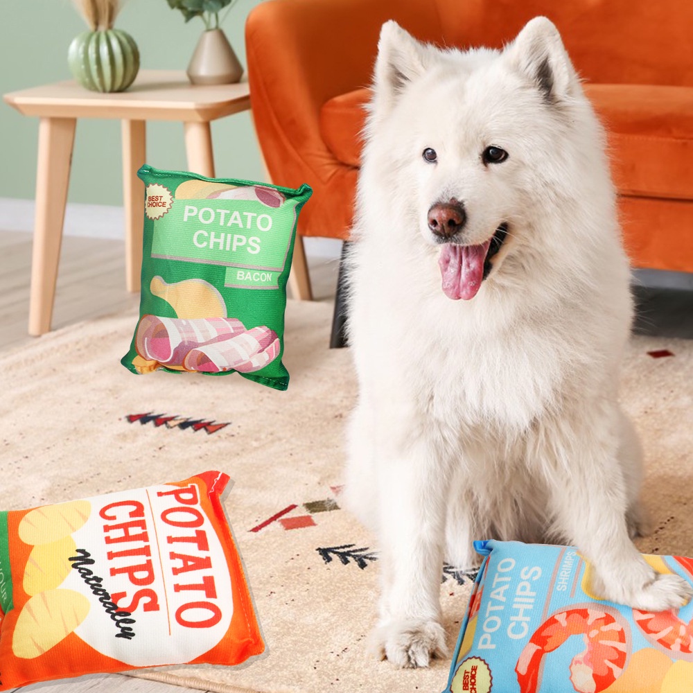 Mainan Gigit Hewan Peliharaan Kreatif Dapat Membersihkan Kemasan Keripik Kentang Bentuk Boneka Tahan Gigit Anjing Dan Kucing