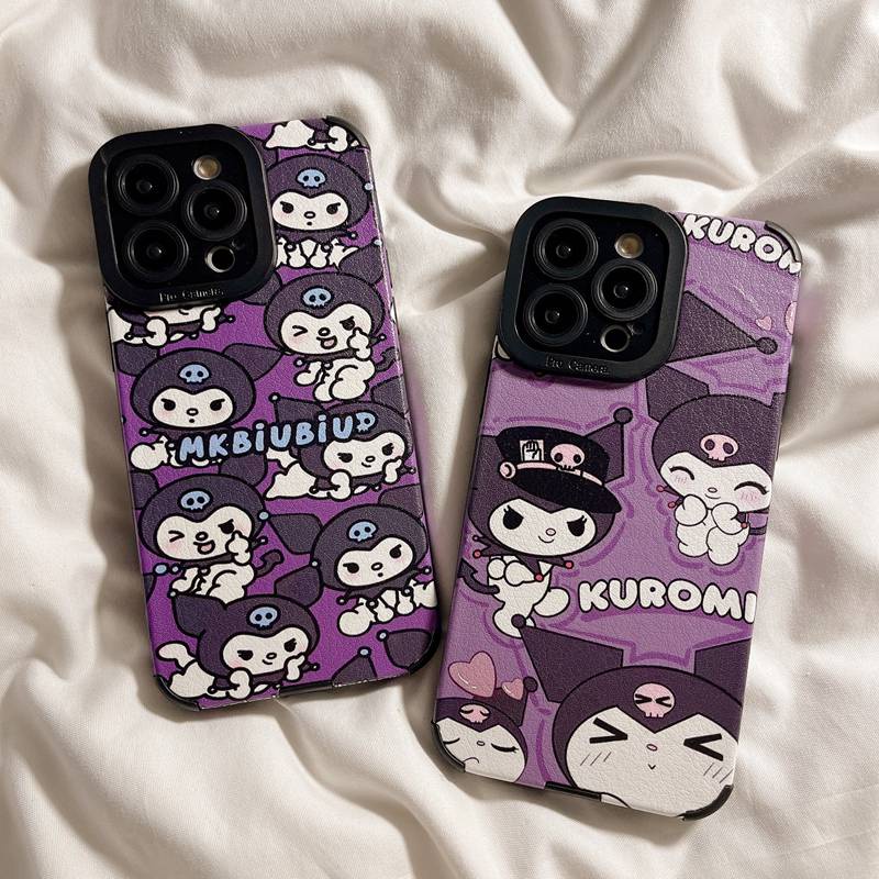 Soft sheepskin Leather Case IPhone 6S 7 8 Plus SE 2020 X XR XS Max 11 12 13 14 Pro Max 14 Plus Camera Protect for Girl women Cute Cartoon Purple Kuromi