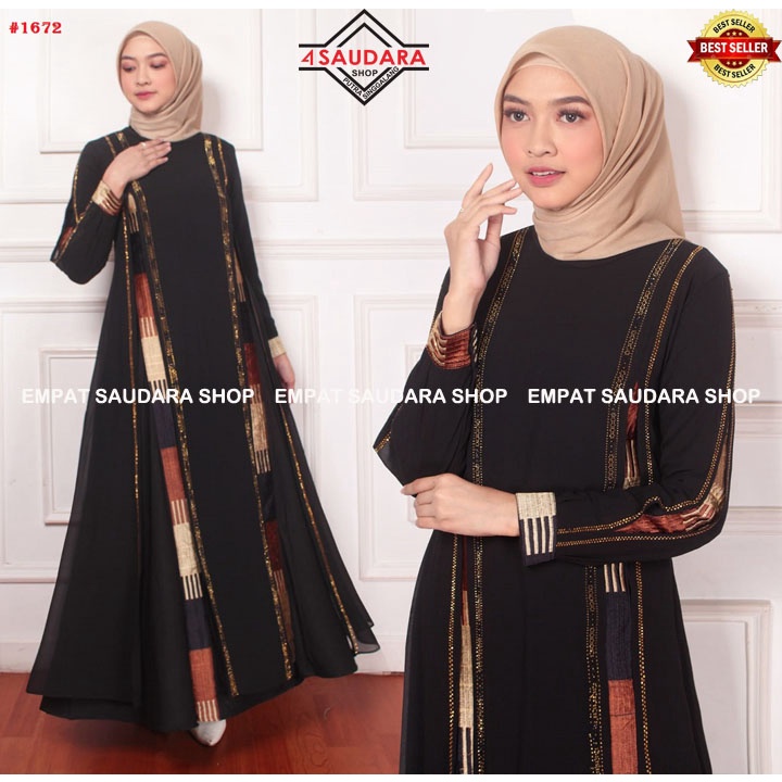 (COD) Gamis Abaya Turkey / Arab Hitam Jersey Mix Ceruti Bordir Mote Swarosky Turkey Model 1672 Terba