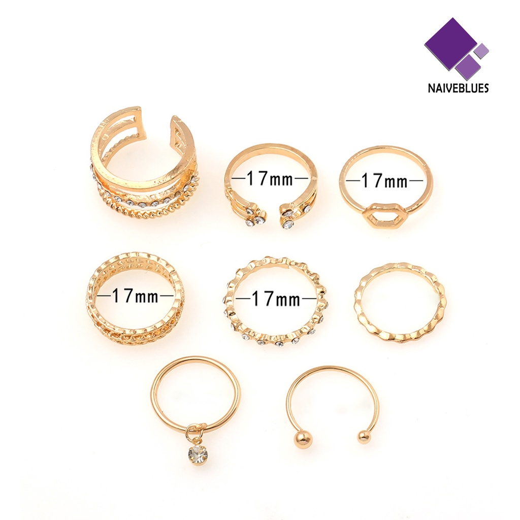 &lt; Naiveblues &gt; 8Pcs Cincin Wanita Geometris Berlian Imitasi Lady Shiny All Match Rings Untuk