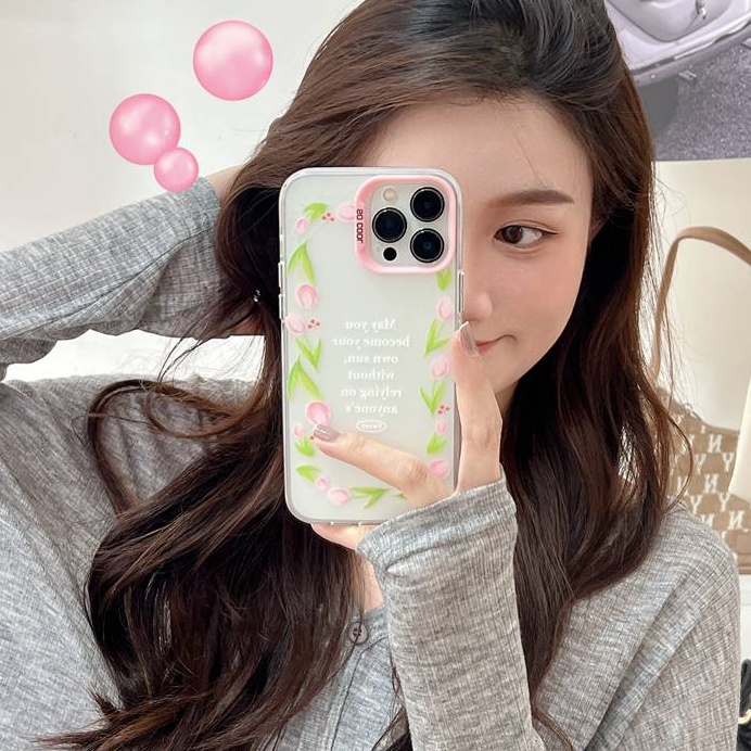 Lucky Blue Love Circle Tulips Skin Feel Soft Case HP iP iPhone 12 13 14 Pro Max 11 Woman Girl FTD Casing Apple