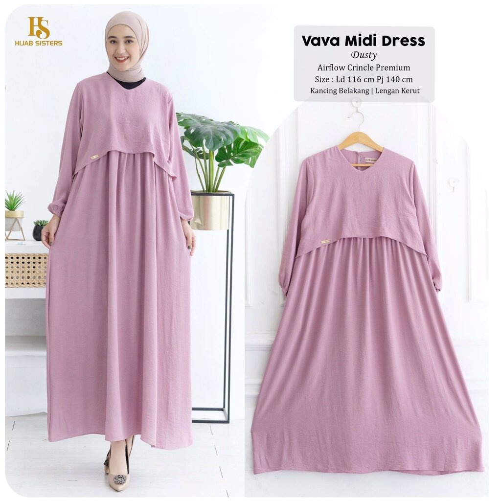 VAVA Midi Dress ORI HIJAB SISTER | Gamis Crinkle Airflow Premium Polos LD 115