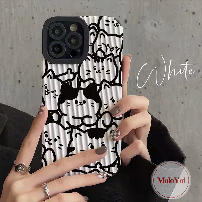 IPHONE Casing Ponsel Hitam Putih Tekstur Kulit Mewah Kompatibel Untuk Iphone11 Pro Max XR XS X Max 7Plus 11 14 13 12 Pro Max8 7 Plus Shockproof Kartun Kucing Lucu Soft Cover