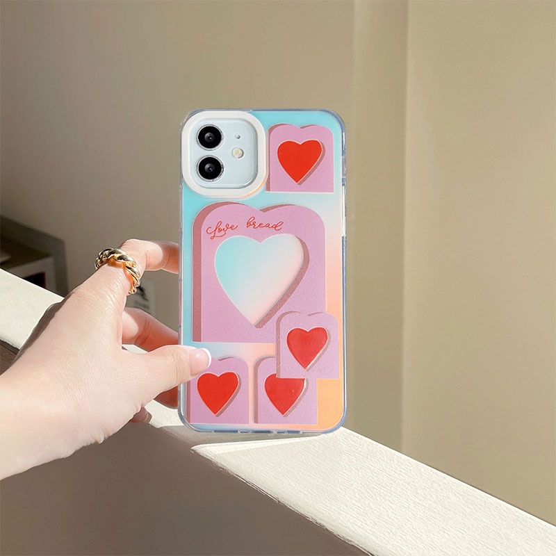 Compatible For IPhone 14 13 12 11 Pro Max X XR Xs Max 8 7 Plus SE 2020 Kompatibel Untuk Love Heart Pink IMD Laser Gradient Phone Case TPU Lembut Shockproof Cover Pelindung