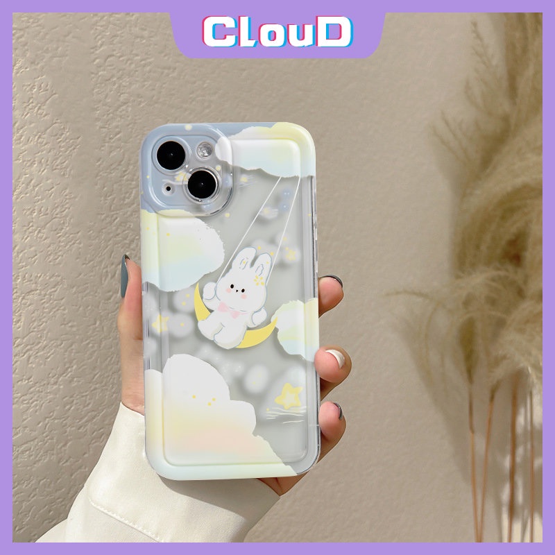 IPHONE Fantasy Starry Clouds Rabbit Couples Case Kompatibel Untuk Iphone11 13 14 12 Pro MAX XR 7 6 6S 8plus X XS MAX 7Plus SE 2020 Lembut Bening Shockproof Airbag Lucu Snowball Rabbit Cover