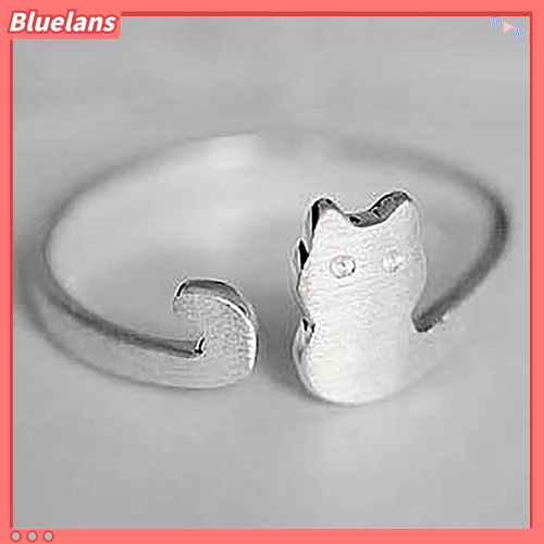 [BLS] Wanita Fashion Perhiasan Hadiah Xmas Kartun Kucing Sliver Disepuh Terbuka Dapat Disesuaikan Cincin