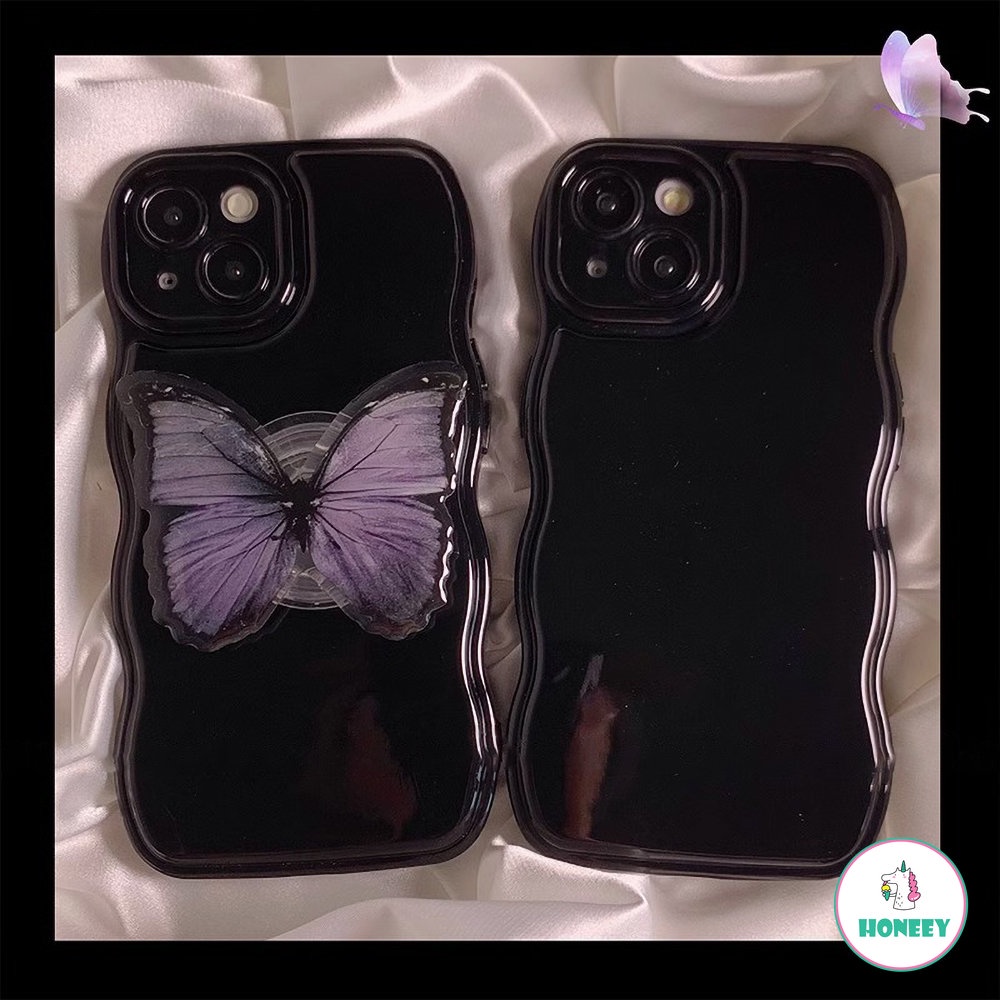 IPHONE Bingkai Gelombang Retro Hitam Pekat Glossy Untuk Apple14 Case Untuk Iphone11Tali Kupu-Kupu11 13 12 Pro Max Silikon Lembut Cover Pelindung