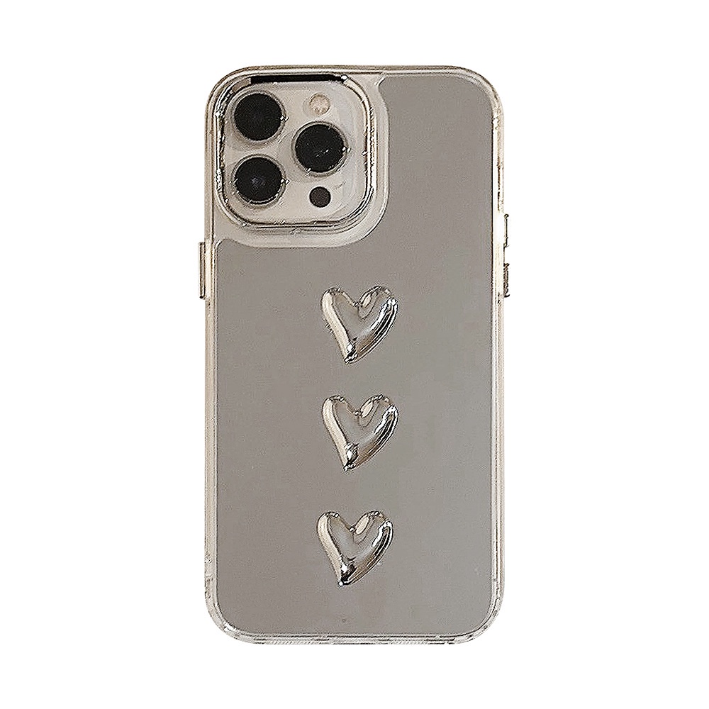 IPHONE Ins 3D Silver Hearts Plating Mirror Casing Transparan Untuk Iphone14 11 12 13 PRO MAX Casing Cover Pelindung AT0334