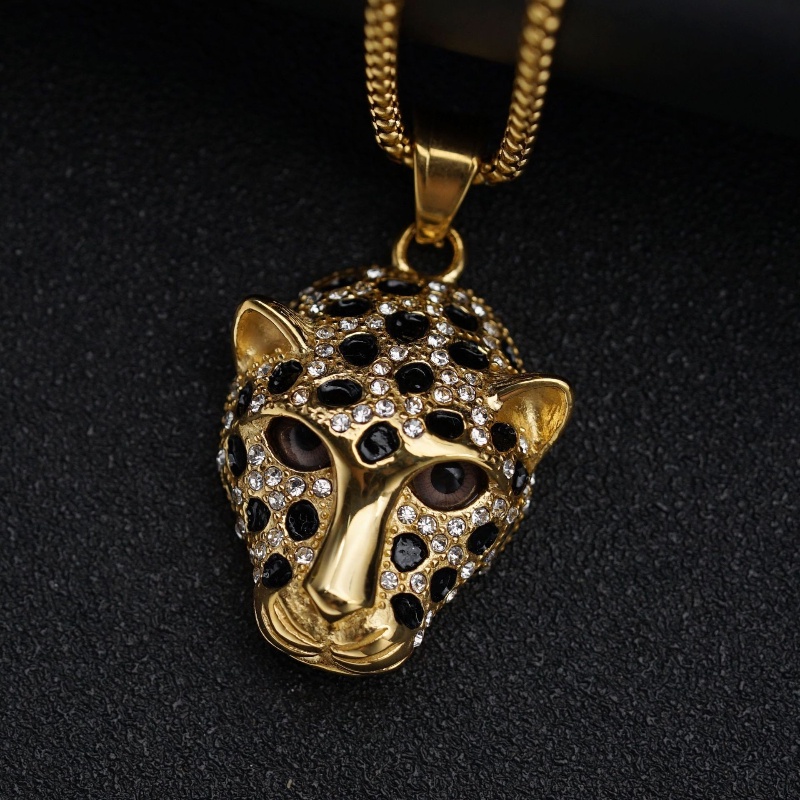 Z H Perhiasan Retro Lapis Emas 18K Berlian Permata Leopard Liontin Fashion Pria Anti Karat Kalung Liontin Hip Hop Pesta Baja Titanium Perhiasan Aksesoris Grosir