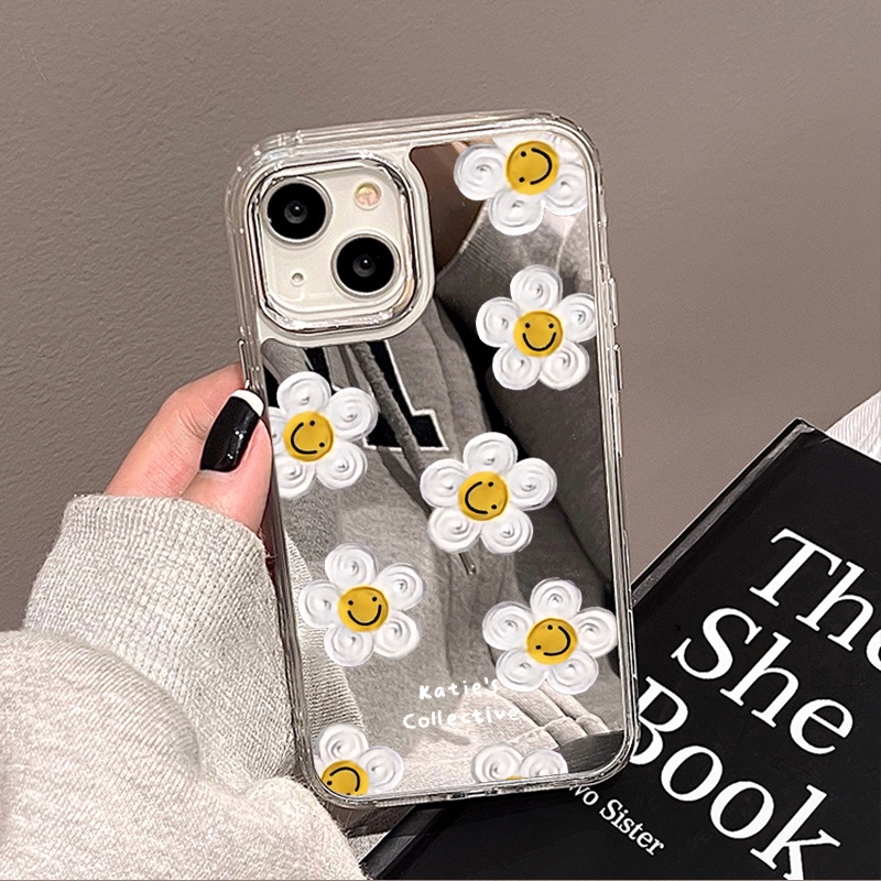 IPHONE Tulis Emoji Flower Mirror Phone Case Kompatibel Untuk Iphone11 12 13 14 12Pro 13Pro 14Pro Pro Max XR X XS Max Electroplating Tombol Perlindungan Mirror Cover