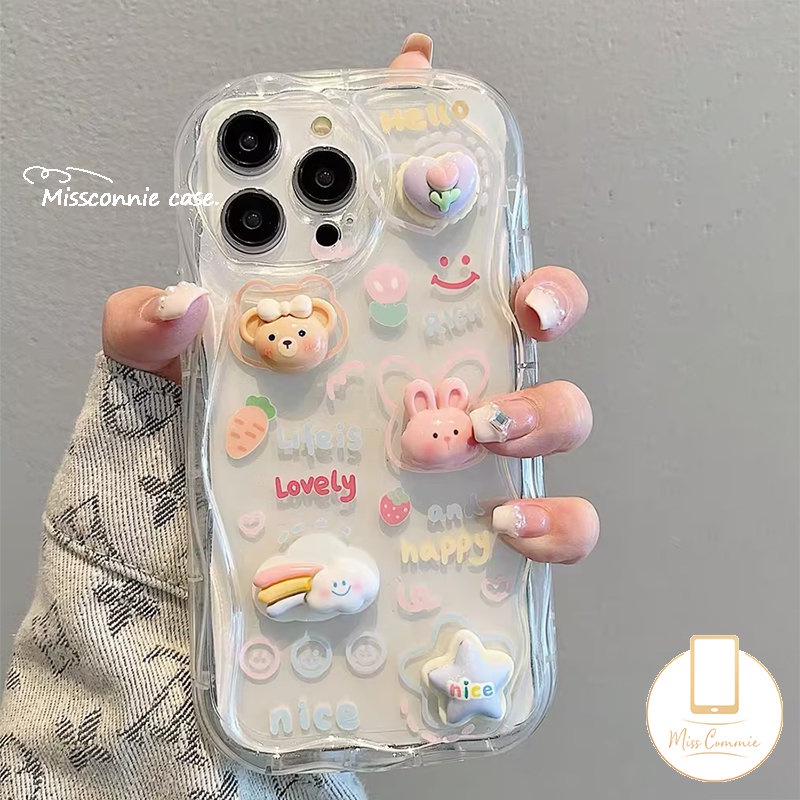 IPHONE Boneka 3D Kelinci Lucu Beruang Fantasi Awan Bintang Glossy Bergelombang Lengkung Tepi Case Cocok Untuk Iphone7 6 6s 8plus11 14 13 12 Pro Max X XR XS Max 7Plus SE 2020 Lembut Segar Bunga Cover