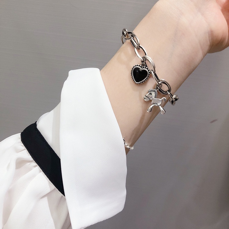 Retro Sederhana Horse Spades Heart Bracelet ins Trendi Rantai Tebal Thai Silver Influencer Gelang Unik