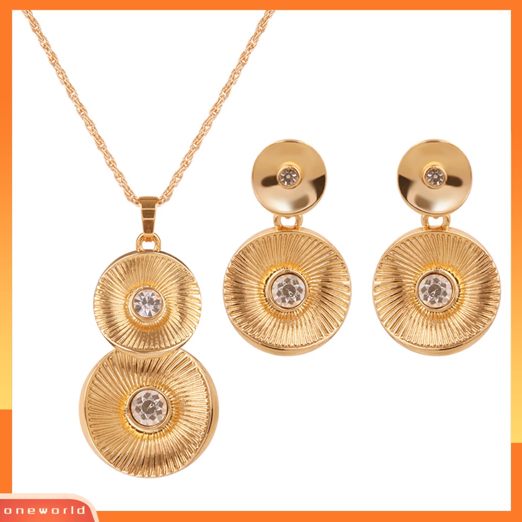 [ONE] 1set Set Perhiasan Geometris Retro Electroplating High Gloss Kristal Imitasi Dress Up Nikel-free Pengantin Pernikahan Kalung Anting Set Perhiasan Aksesori