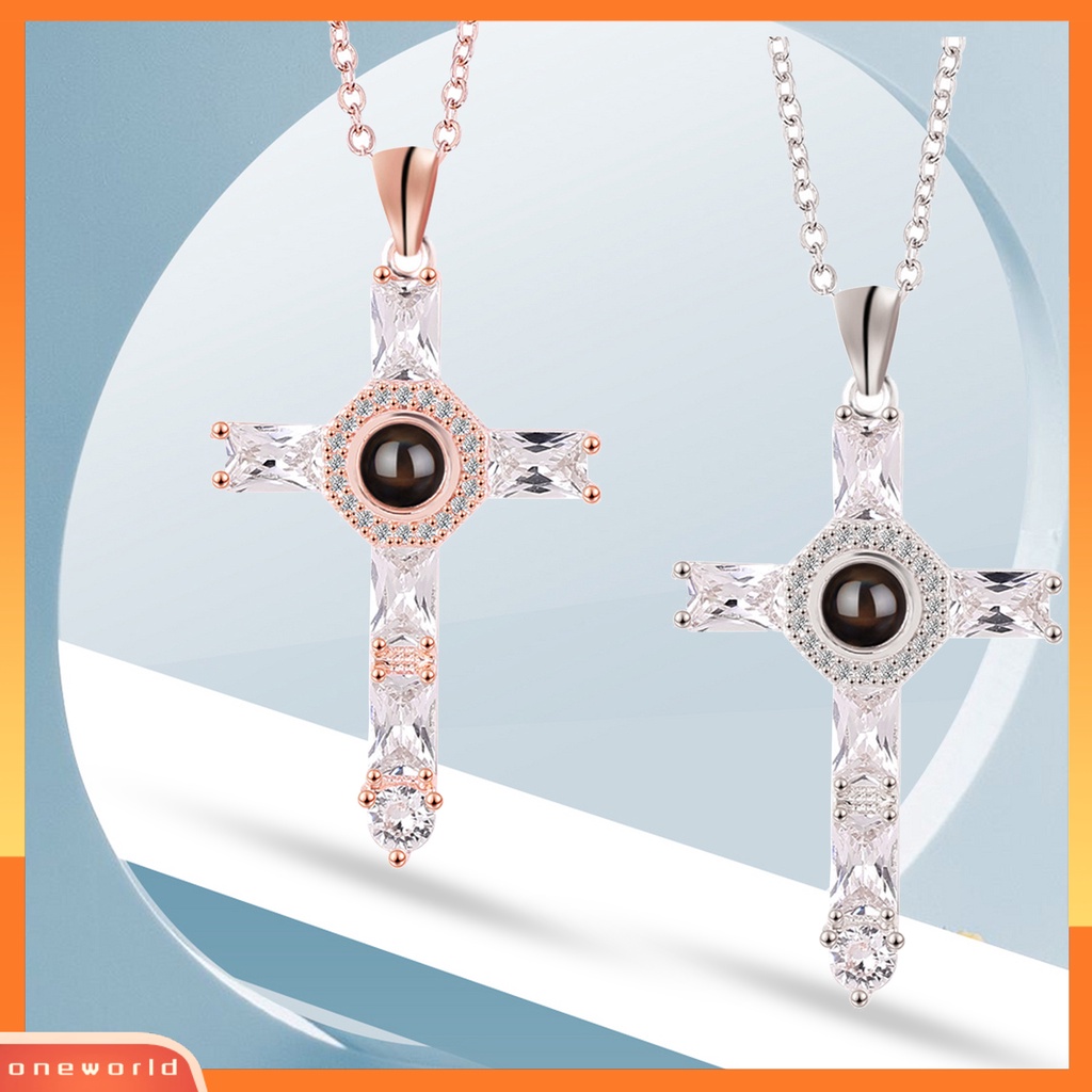 [ONE] Kalung Salib Shiny Novelty Design Alloy Cross100Bahasa I Love You Projection Necklaces for Daily Dress