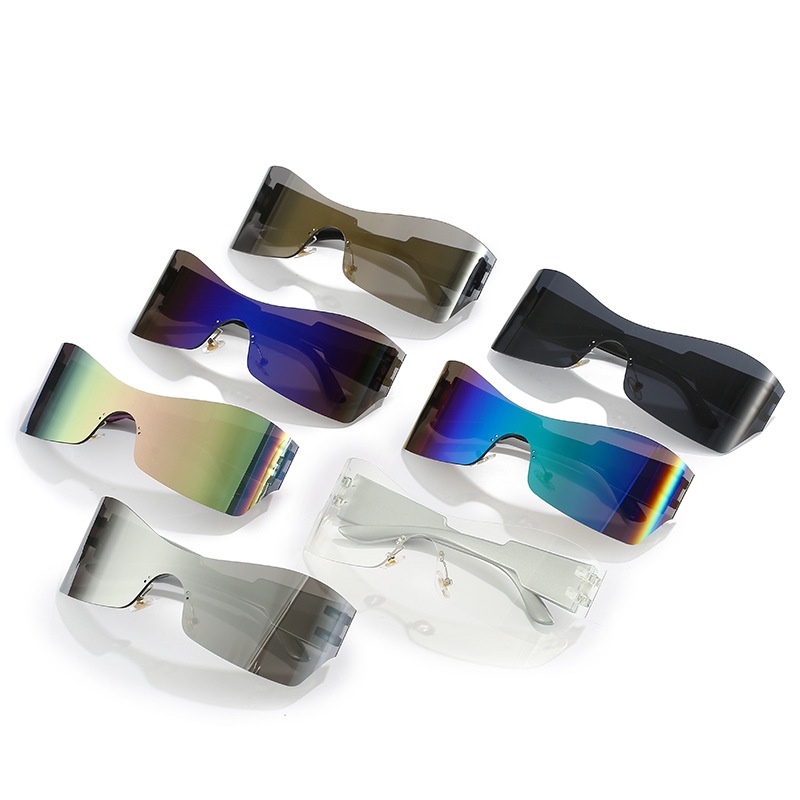 (YUZHU) One Piece Oversized Rimless Sunglasses Western Fashion Irregular Outdoor Cycling Sports Sunglasses