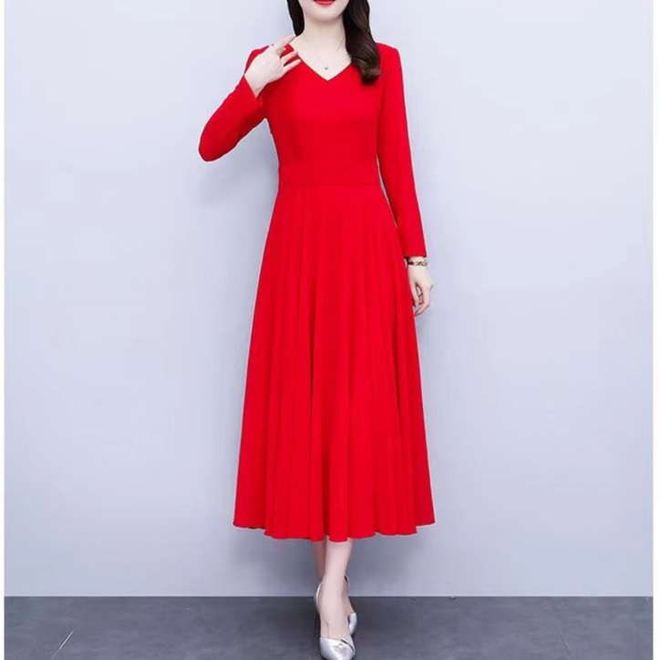 FANMU 2023 Versi Korea Baru V -Neck Gaun sifon pinggang tinggi/gaun hitam ukuran besar/dress hitam wanita/dress hitam panjang