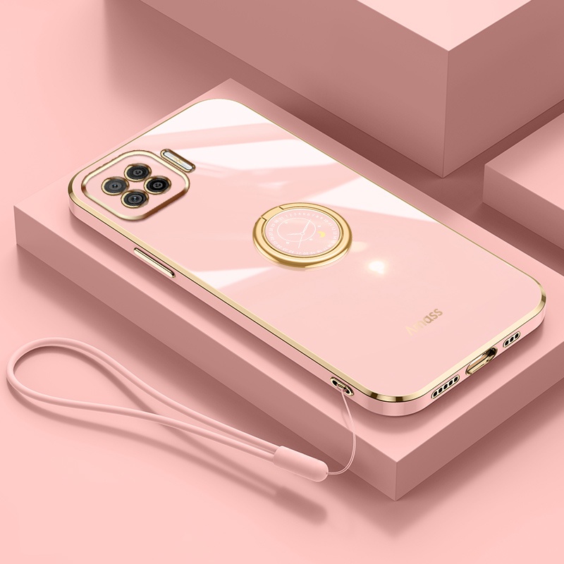 Andyh Casing Ponsel Silikon Ultra Tipis Untuk OPPO A73 2020 F17 A93 2020 Reno 4F F17 Pro Reno 4 Lite Deluxe Perlindungan Jatuh Pita Emas Dengan Jam Cincin Dan Lanyard Gratis