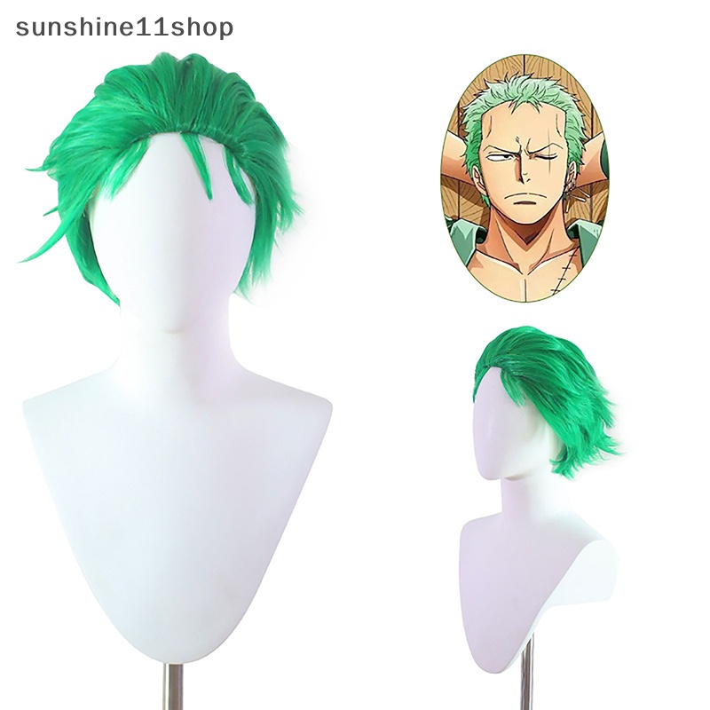 Sho Anime One Piece Slicked-back Green Wig Pendek Layer Roronoa Zoro Cosplay Rambut Palsu N