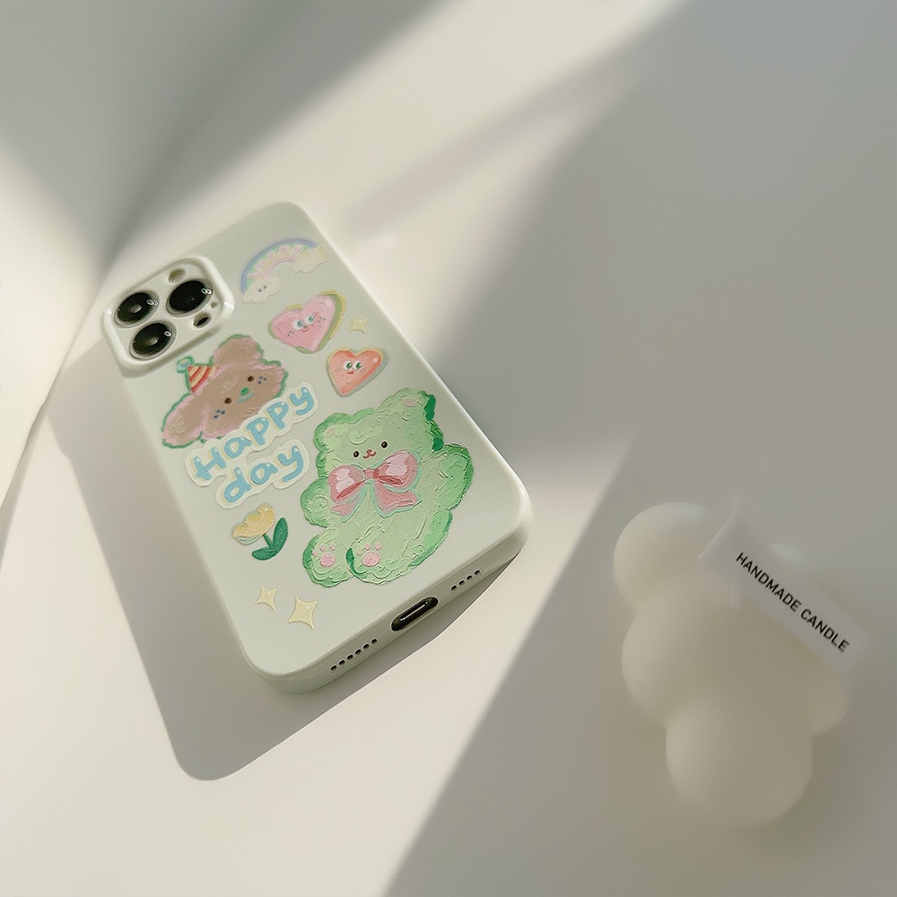 IPHONE Happy DAY Lukisan Cat Minyak Kartun Lucu Mainan Beruang Pelindung Lensa Kamera Phone Case Cover Untuk Iphone11 12 13 14 PLUS PRO MAX