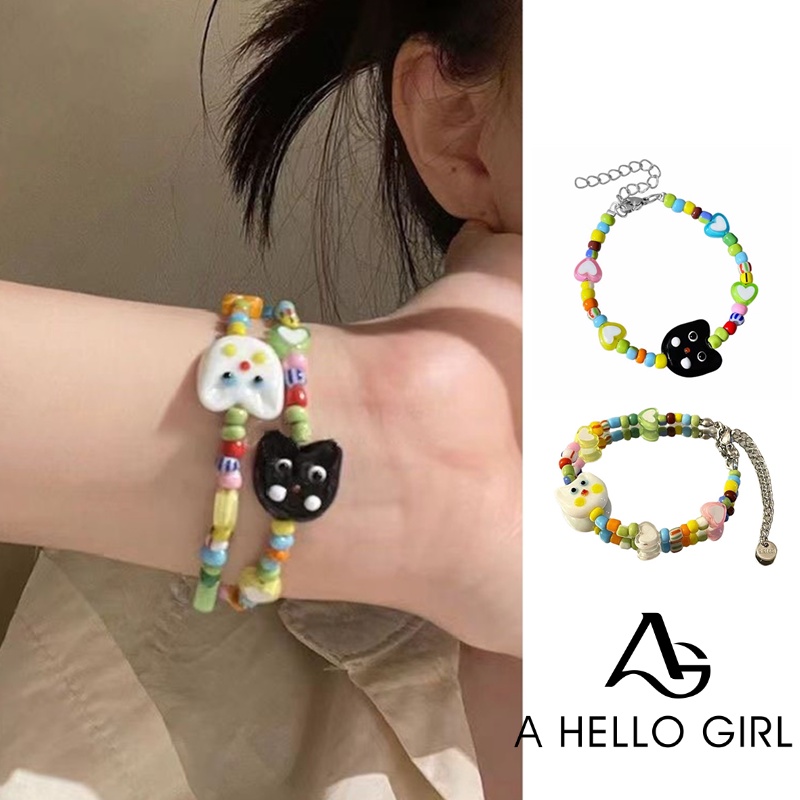 Ahellogirl Asli Kartun Warna-Warni Bunga Manik-Manik Lucu Hitam Dan Putih Kucing Childlike Gelang Niche Desain Pacar Pasangan Perhiasan